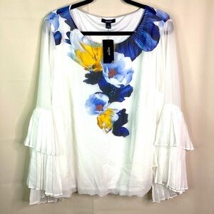 ALFANI PLUS SIZE 2X WHITE TOP BLUE FLORAL SPRING SUMMER  PLEATED BLOUSE NWT